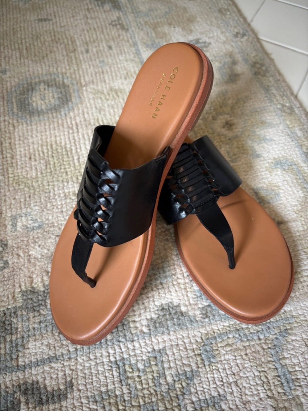 Cole Haan Black Leather Woven Thong Sandals with Tan Footbed